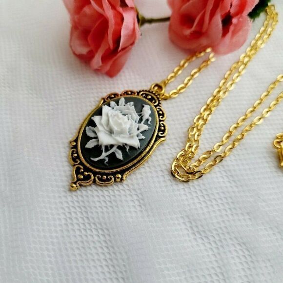 Gray Rose Goth Victorian Gold Necklace Cameo Punk - Picture 1 of 4